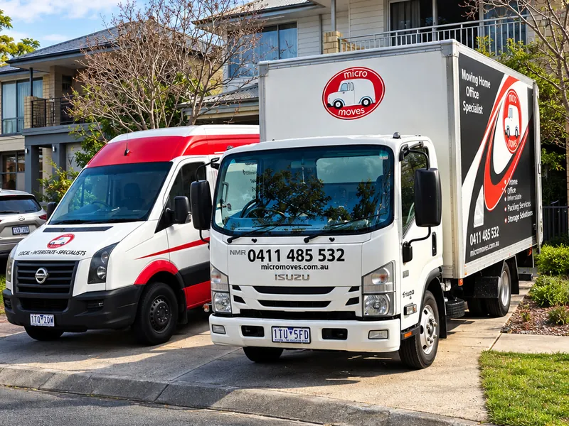 Micro Moves van and Isuzu truck parked outside a home