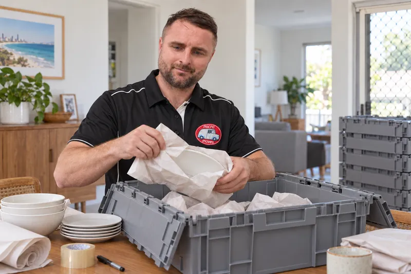 Austin wrapping crockery before placing it in a reusable grey packing crate