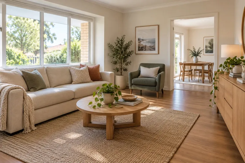A furnished living room with a sofa, armchair and clear walkways into the adjoining room