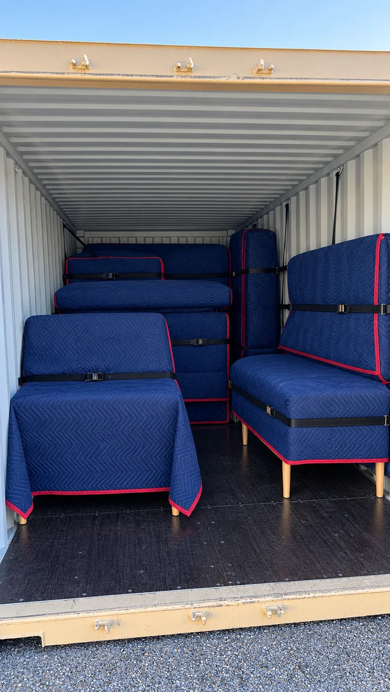 Furniture protected with navy blue moving blankets and secured inside a shipping container