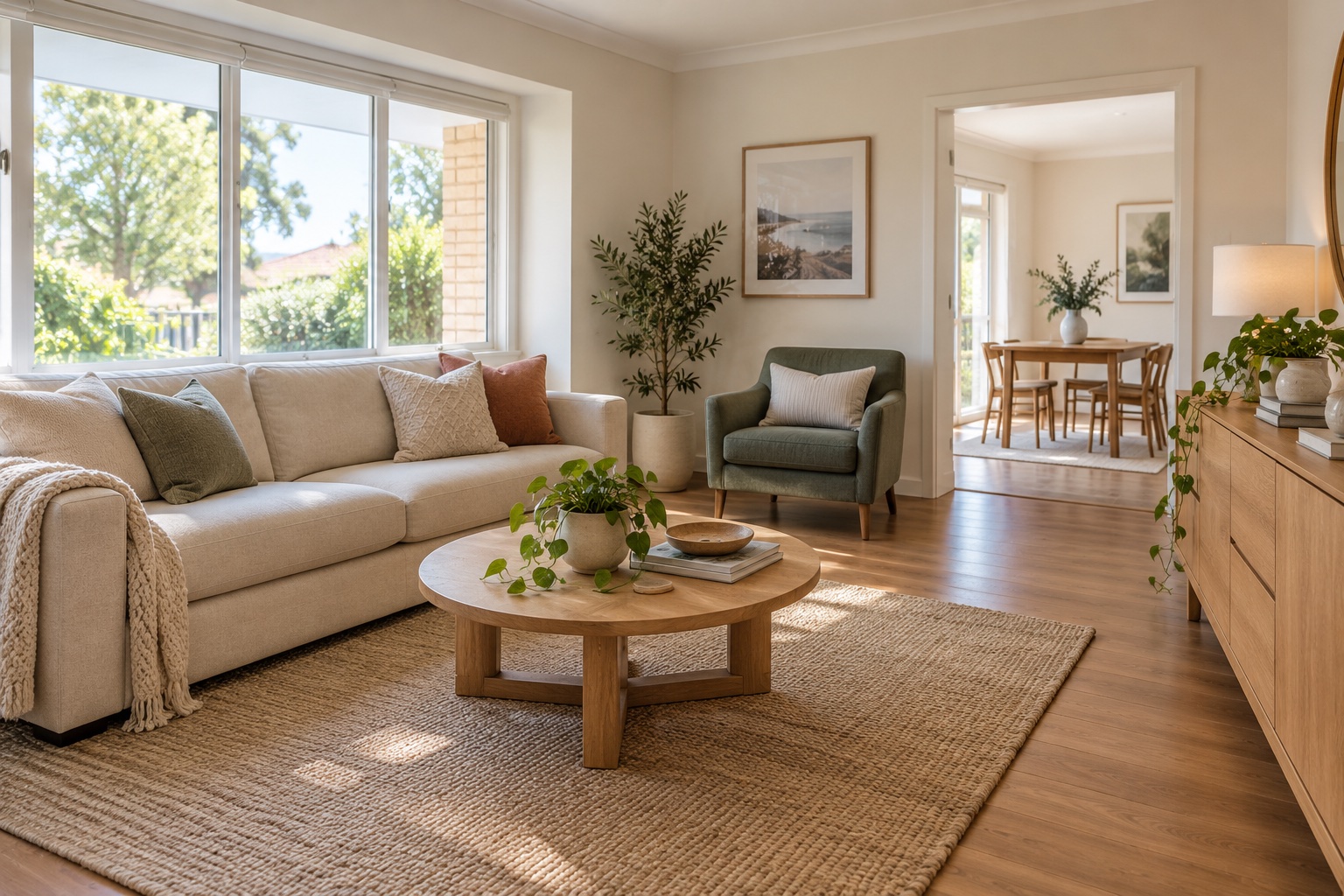 A furnished living room with a sofa, armchair and clear walkways into the adjoining room