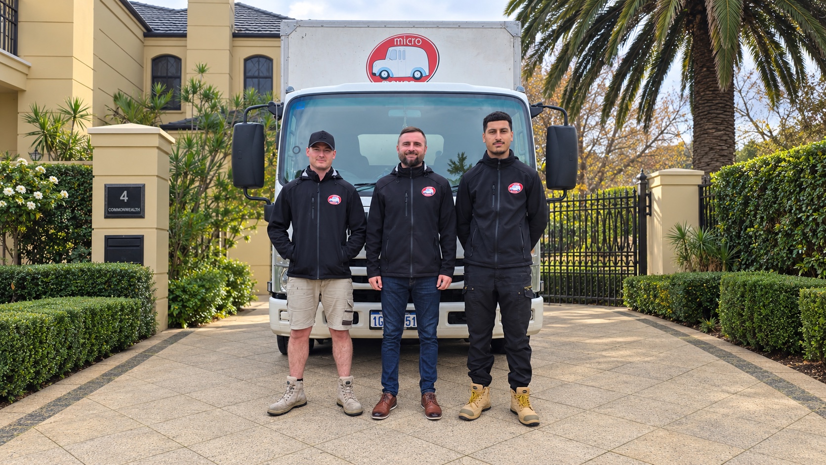 Micro Moves team in work jackets beside their moving truck