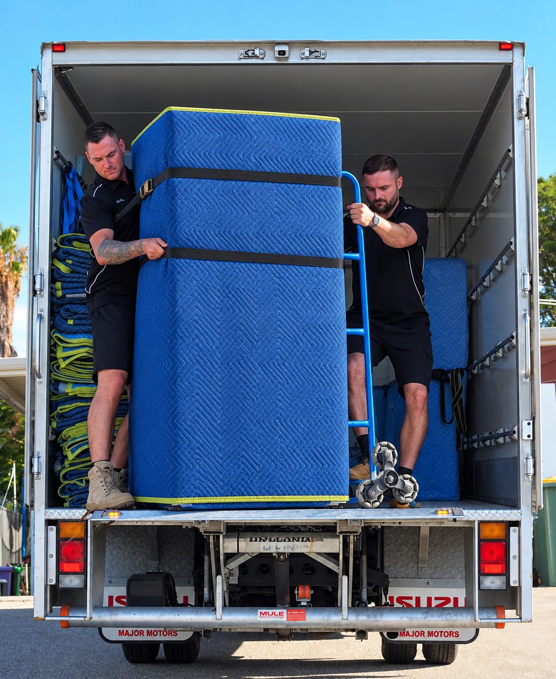Micro Moves crew loading a wrapped item onto the truck